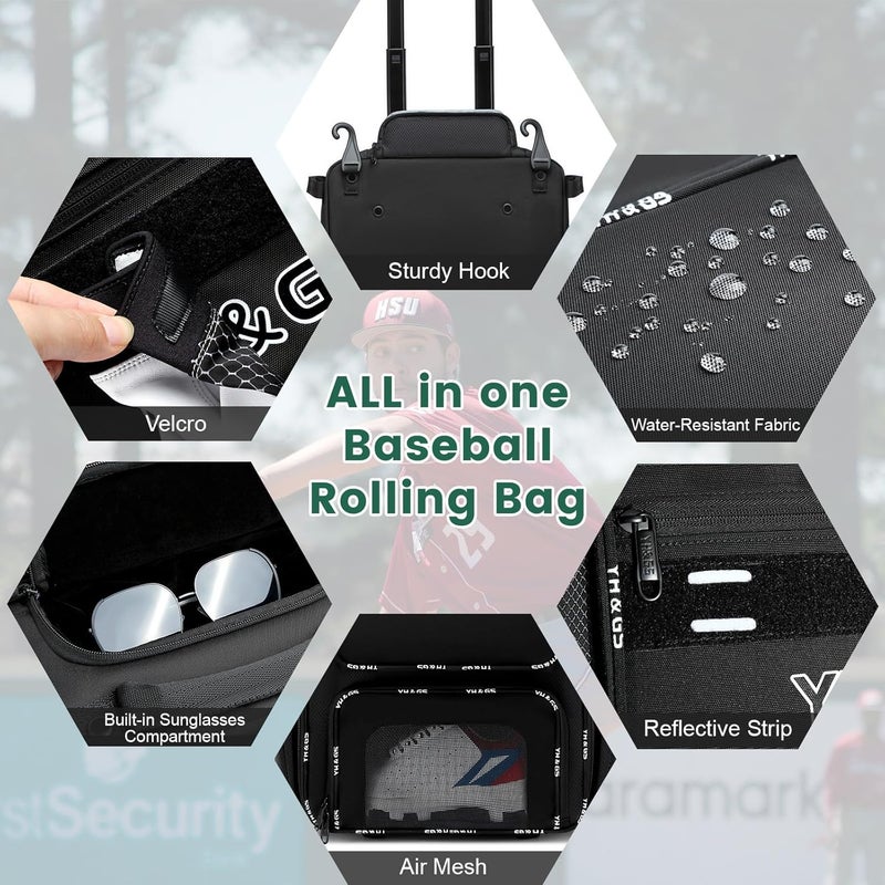 GOTECH Rolling Baseball Bag,Wheeled Softball Bag with Fence Hook for TBall Bat & Equipment,Lightweight Baseball Bat with Shoe Compartment - Image 3